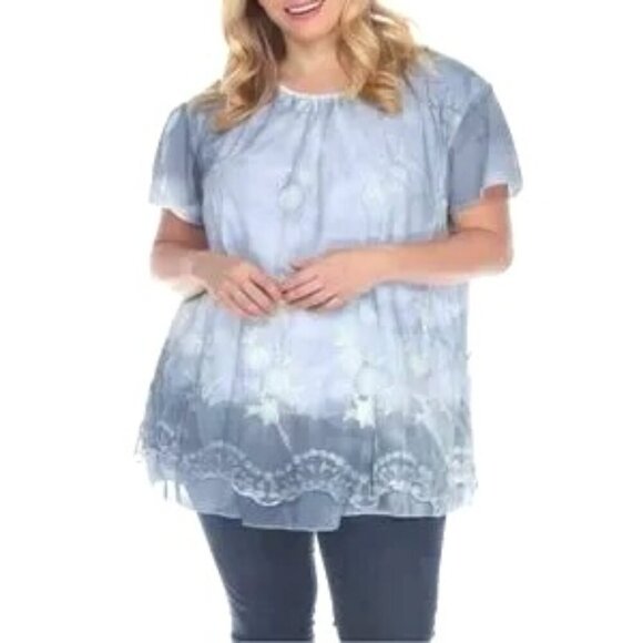 NWOT Simply Couture Floral Embroidered Tunic Blue-Gray Ombre Mesh Overlay 2XL - Picture 1 of 13